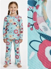 Girls Ribbed Pyjamas Dunnes Cotton Floral Pink Aqua Flared Long Sleeved Pjs NEW