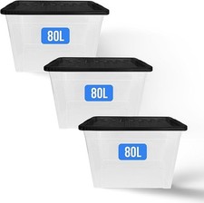 3x 80 Litre Clear Plastic Storage Boxes with Black Lids Heavy Duty Container Lid