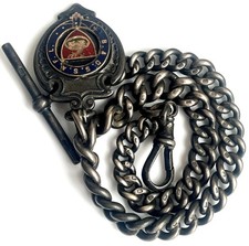 Silver Albert Chain  T-Bar And Enamelled Fob - Antique Vintage - Rare Hallmarked