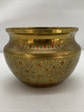 A Vintage Indian Enamelled Brass Bowl, Plant Pot Pretty Floral Decoration.