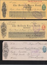1913-30 SCOTLAND, Three Issued cheques from DUMFRIES, PAISLEY & FORFAR