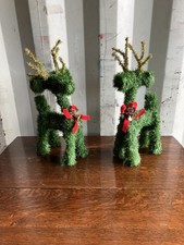 Pair of Retro Evergreen Garland Topiary Christmas Reindeer Figurines