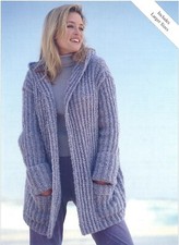 Knitting Pattern copy Ladies long hooded cardigan patch pockets Aran 32-54" 756J