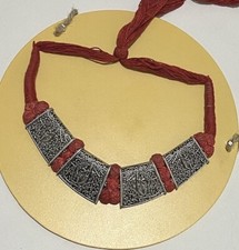 Silver Oxidised Red Thread Ethnic Tribal Jewellery Necklace & Earrings