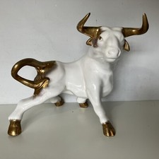 Vintage Gold & White Ceramic Large Bull Figurine Ornament Made In Holland 
