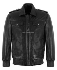 Men's Black Leather Bomber Jacket Military Style Flight Casual Zip-Up Jacket