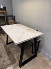 Herringbone Design Reclaimed Wood Dining Table. White Wash. Matt Black Legs.