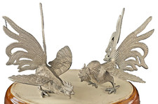 Pair of Vintage Fighting Cockerels Silver/Copper Plated Roosters Hens