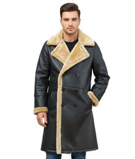 Men's German WW2 Style Black Real Leather Long Coat With Faux Fur Winter Season