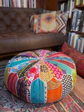 Large Pouffe Round Multi Colour Patchwork Kantha Cushion Style Footstool Seat