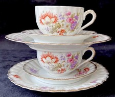 Vintage Poppies & Blue Hairbells Bone China Cup, Saucer & Tea Plate Trios 2 Sets