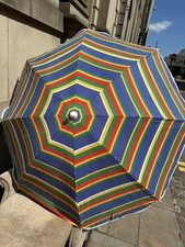 Retro Parasol Garden Striped Fabric White Metal Pole 5ft 