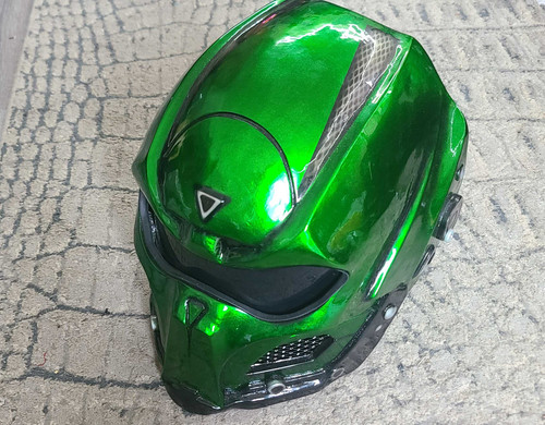 Custom green motorcycle - , helmet