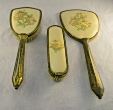 Vintage Gold Tone Dressing Table Set Hand Mirror and 2 Brushes Embroidered Backs