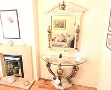 Unique Lady Console Glass Side Table  & Matching Mirror, Stone+Gold 