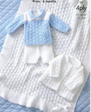 Knitting Pattern, baby lacy  Cardigan shawl sweater pants prem/6m 3/ 4 ply