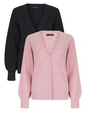 Ex F&F Ladies V Neckline Ribbed Button Cardigan Black Pink Long Sleeve Cosy Warm