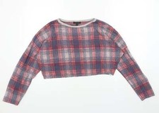 Topshop Womens Red Boat Neck Plaid Acrylic Blend Jumper Size 10 - Cropped