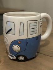 Large Blue White Ceramic VW Campervan Mug “Peace” 3D Embossed Coffee Cup 