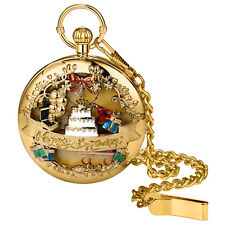 Creative Happy Birthday Music Box Quartz Pocket Watch Fob Chain Gift Men Women