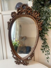 Vintage Ornate Oval Mirror Bow Top Bronzed Italian Mid Century Baroque Rococo