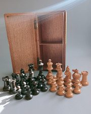 Antique Weighted Staunton Chess Set Knights Bared Teeth Complete King 6.2cm