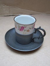 Small Stunning Antique D&C Limoges China cup & saucer. Pewter Mounted.