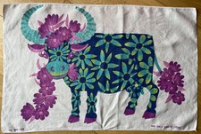 Vintage OXFAM Belinda LYON Daisy Cow Linen Tea Towel 1970s