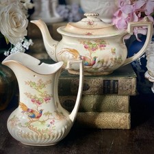 CROWN DUCAL Teapot & Jug Blush Ivory AVIS Pheasant Antique Georgian Style @1915