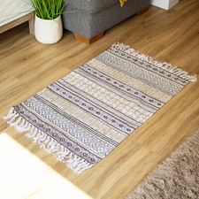 White Aztec Cotton Rug Fringed