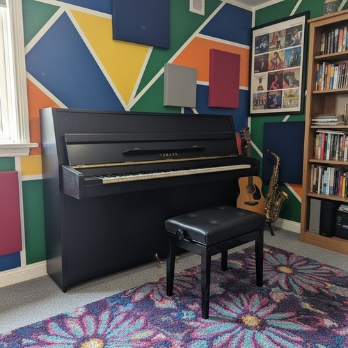Yamaha black upright piano - piano, and