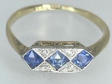 Antique Art Deco 18ct Gold Square Sapphire Trilogy Diamond Panel Ring Size L1/2