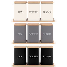 EHC Set of 3 Tea, Coffee & Sugar Canister Storage Jar Container Set With Wood Ai