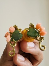 Vintage Art Deco Gold metal, jade and coral rose stud earrings