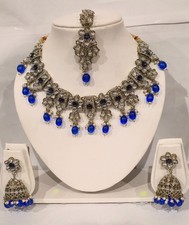 Blue Indian bollywood bridal choker Necklace tikka earring jewellery kundan set