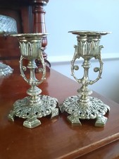 Antique Victorian Brass Ornate Candlesticks Open Pierced Decoration Very Nice