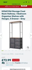 HOMCOM Bedroom Organiser Shelves with Hanger, 5 Drawer - Grey - BRAND NEW