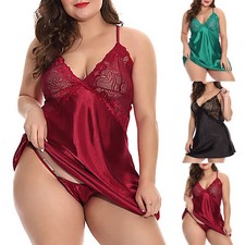 Plus Size 18-28 Womens Sexy Satin Silk Lace Chemise Babydoll Lingerie Nightdress