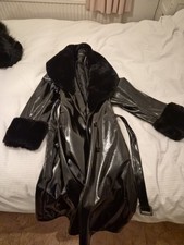 Nasty Girl Black Pvc Long Coat With Fur Cuffs And Removable Fur Coller Size 18.