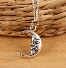Solid 925 Sterling Silver Crescent Moon Face Pendant Necklace Chain Gift Boxed
