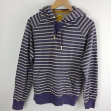 Joules Hoodie Ladies Size L Grey and Blueberry Stripes Cuffed Cotton pull cord
