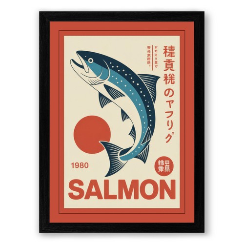 Leaping salmon art deco - salmon, framed
