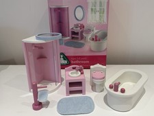 Wooden Dollhouse Bathroom Furniture Set Shower, Bath, Sink, WC, Toilet Roll, ELC
