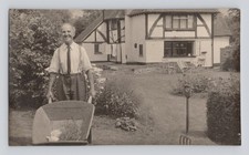 Old B&W Photo Man in Garden Pushing Wheelbarrow Large House Shirt Tie