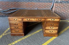 Stunning Twin Pedestal Huge Partners Desk - Brown Leather Inlay 180cm X 150cm
