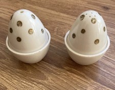 Vintage Emmell Miniature Egg Shaped Salt Pepper pots Set White Gold Polka Dots