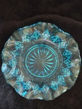 Vintage 1940's turquoise pressed glass plate with ruffle rim