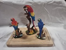 Three Resin Parots Figurines ,one Large 2 X Small Vibrant Colours