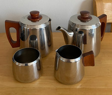 Sona Tea And Coffee Set Sugar Milk Stainless Steel With Wooden Handles 1970's
