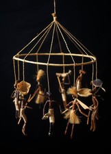 African Tribal Art Raffia & Banana Leaf Fiber 10 Ct Figurines Hanging Mobile
